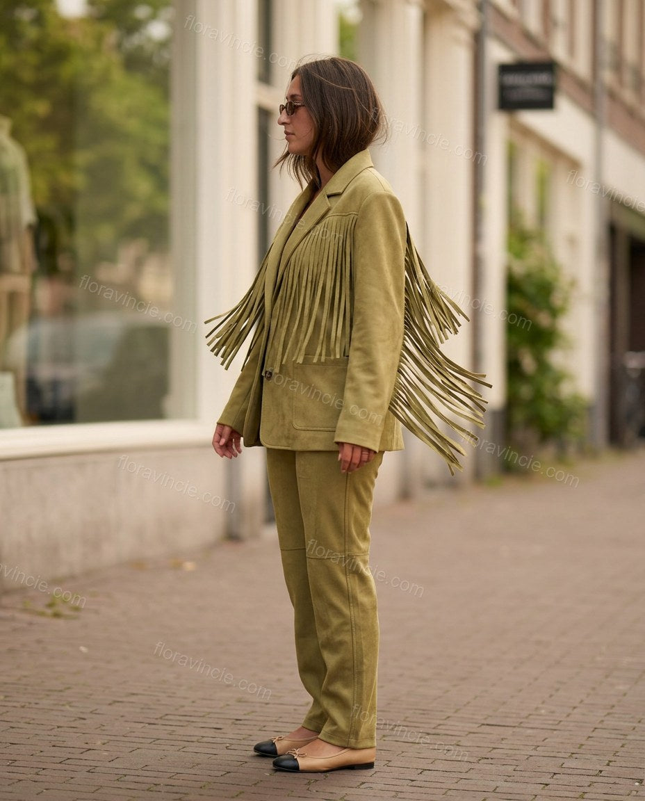 Olive Green Fringe Two-Piece Set, walking lifestyle view, by Floravincie