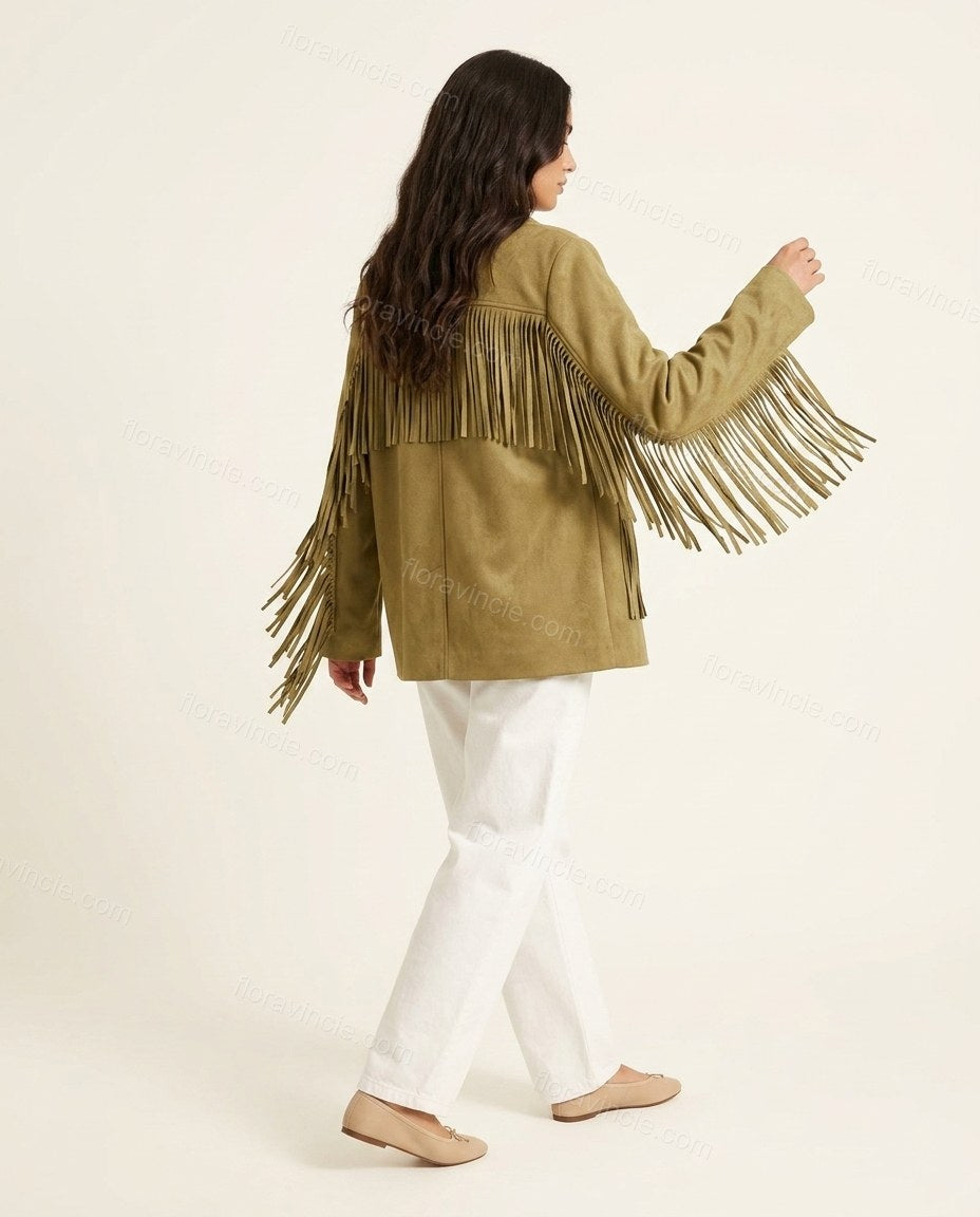 Olive Green Fringe Two-Piece Set, back studio view, by Floravincie