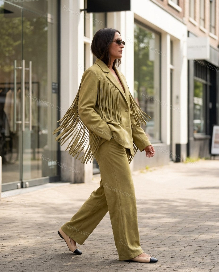 Olive Green Fringe Two-Piece Set, movement and fit lifestyle view, by Floravincie