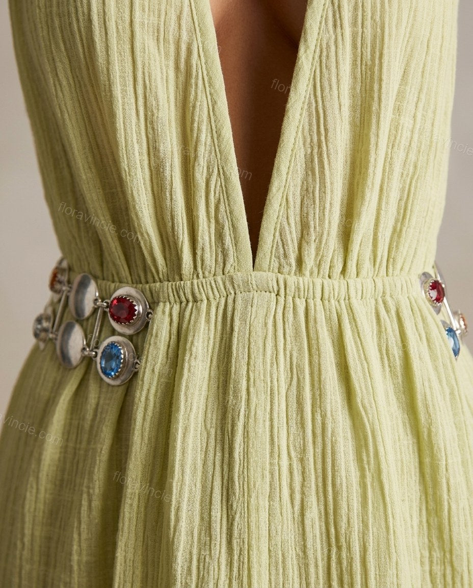 Light Green Maxi Dress, close-up of side slit, low back and gathered waist, by Floravincie