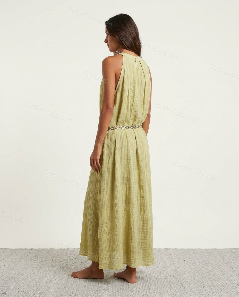 Light Green Maxi Dress, back studio view showing high straight back with shoulder straps, vertical crinkles, by Floravincie