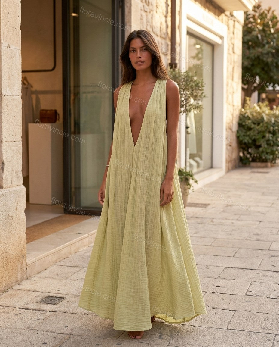 Light Green Maxi Dress, three-quarter brand lifestyle view, by Floravincie
