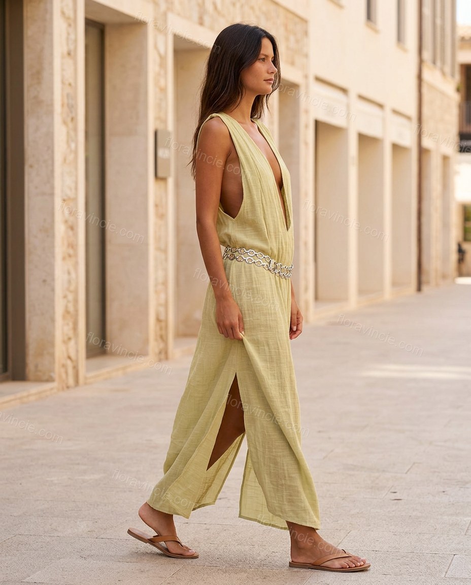 Light Green Maxi Dress, walking lifestyle view, by Floravincie
