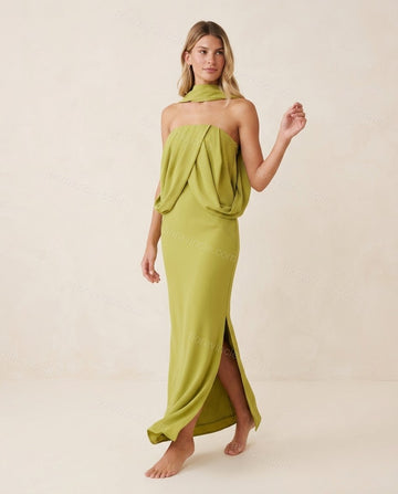 Lime Green Maxi Open-Back Halter Dress, full-length hero view, by Floravincie