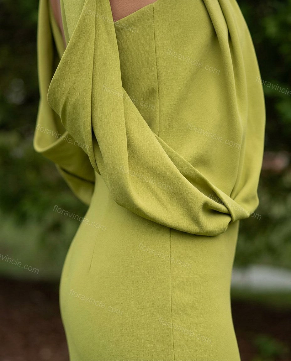 Lime Green Maxi Open-Back Halter Dress, close-up of draped bodice, halter neck and side slit, by Floravincie