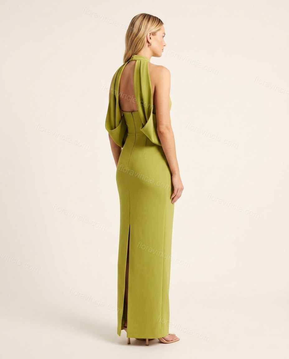 Lime Green Maxi Open-Back Halter Dress, back studio view showing open back with draped fabric, by Floravincie