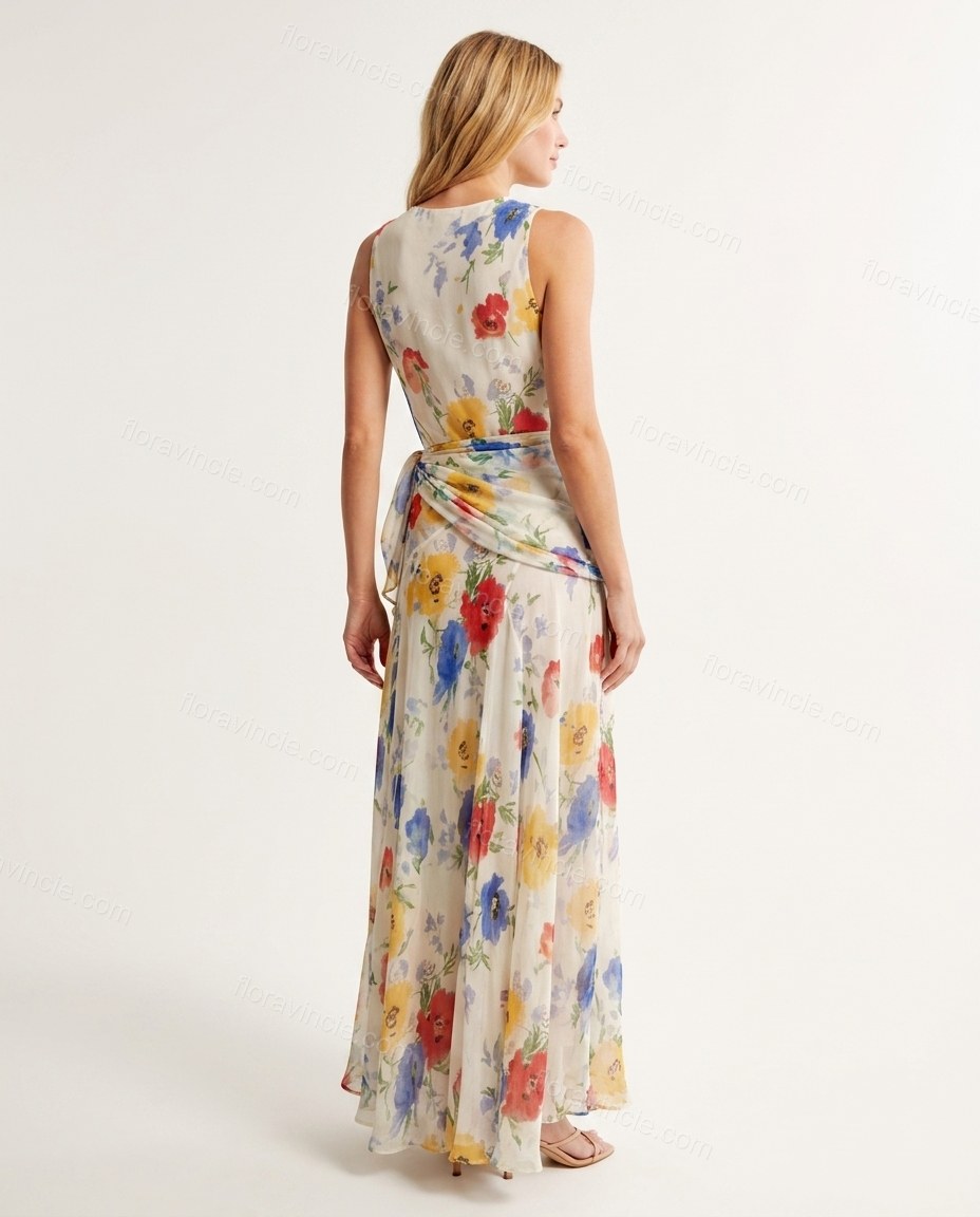 Off-white with Multi-Color Floral Print Maxi Dress, back studio view showing high back with self-tie waist creating a draped effect, by Floravincie