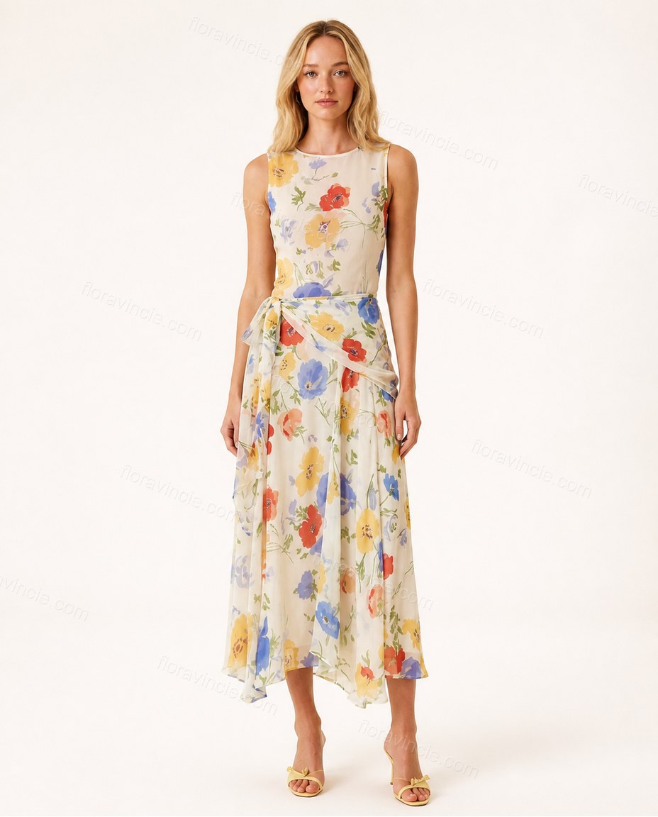 Off-white with Multi-Color Floral Print Maxi Dress, front studio view, by Floravincie