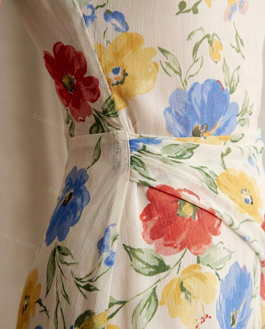 Off-white with Multi-Color Floral Print Maxi Dress, close-up of floral, by Floravincie