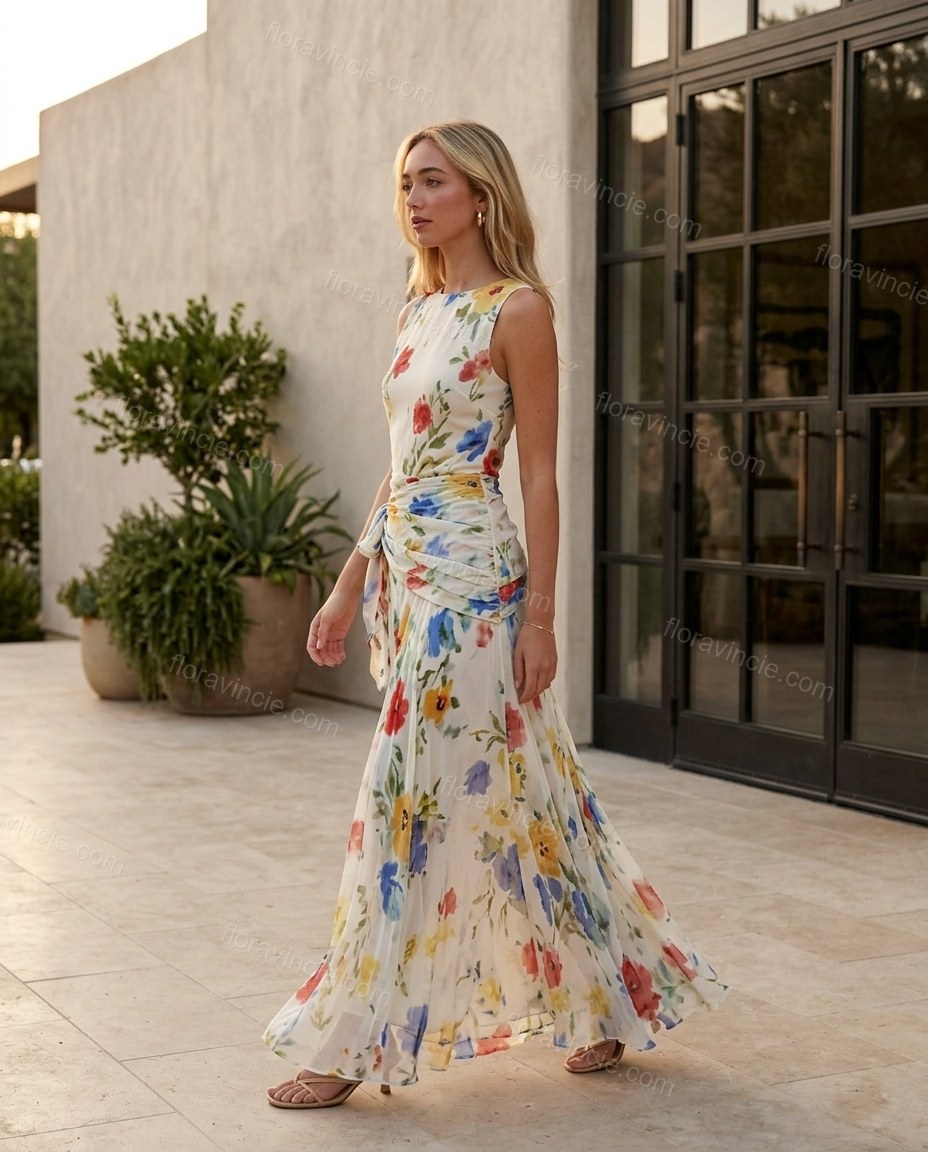Off-white with Multi-Color Floral Print Maxi Dress, walking lifestyle view, by Floravincie
