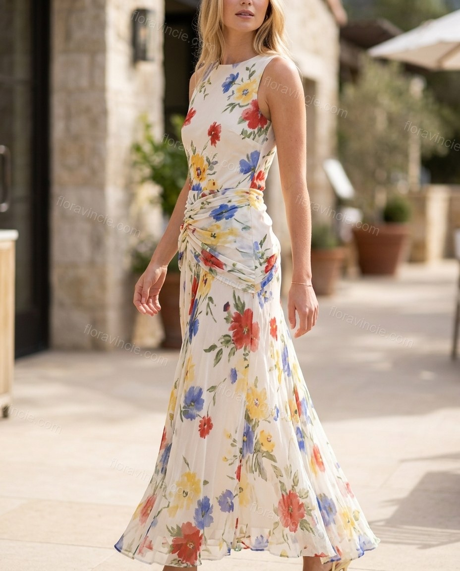 Off-white with Multi-Color Floral Print Maxi Dress, alternate use-case lifestyle view, by Floravincie