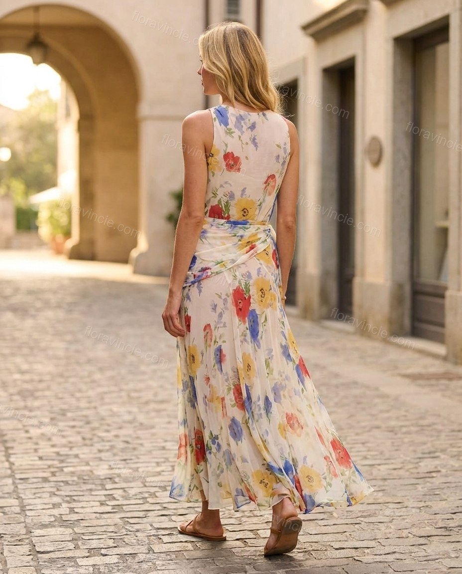 Off-white with Multi-Color Floral Print Maxi Dress, movement and fit lifestyle view, by Floravincie