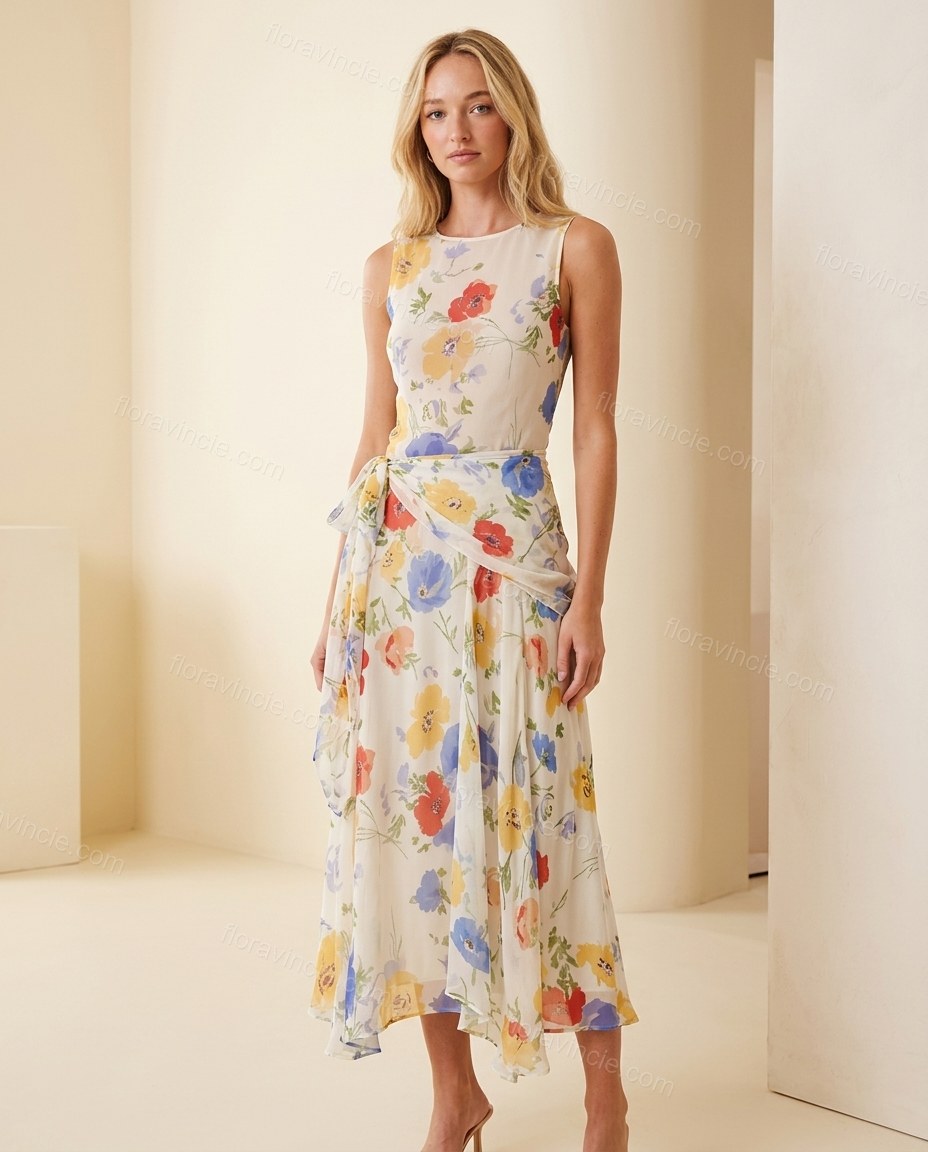Off-white with Multi-Color Floral Print Maxi Dress, full-length hero view, by Floravincie