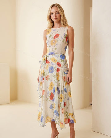 Off-white with Multi-Color Floral Print Maxi Dress, full-length hero view, by Floravincie