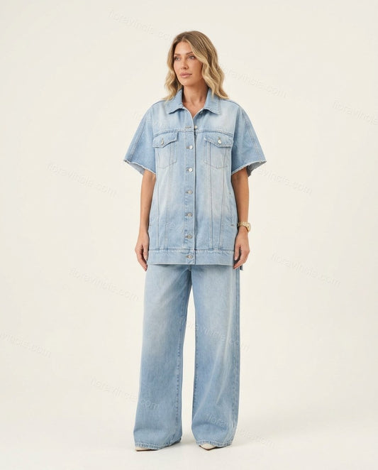 Light Blue Denim Jumpsuit, front studio view, by Floravincie