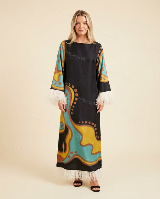 Black Abstract Maxi Fringe Dress, full-length hero view, by Floravincie