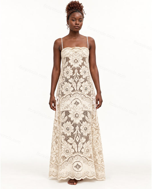 Ivory Floral Maxi Open-Back Dress, front studio view, by Floravincie