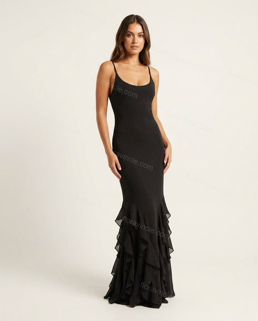 Black Maxi Ruffled Dress, front studio view, by Floravincie