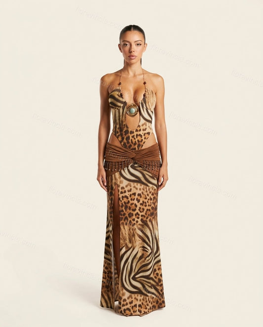 Brown Leopard Print Maxi Halter Dress, front studio view, by Floravincie