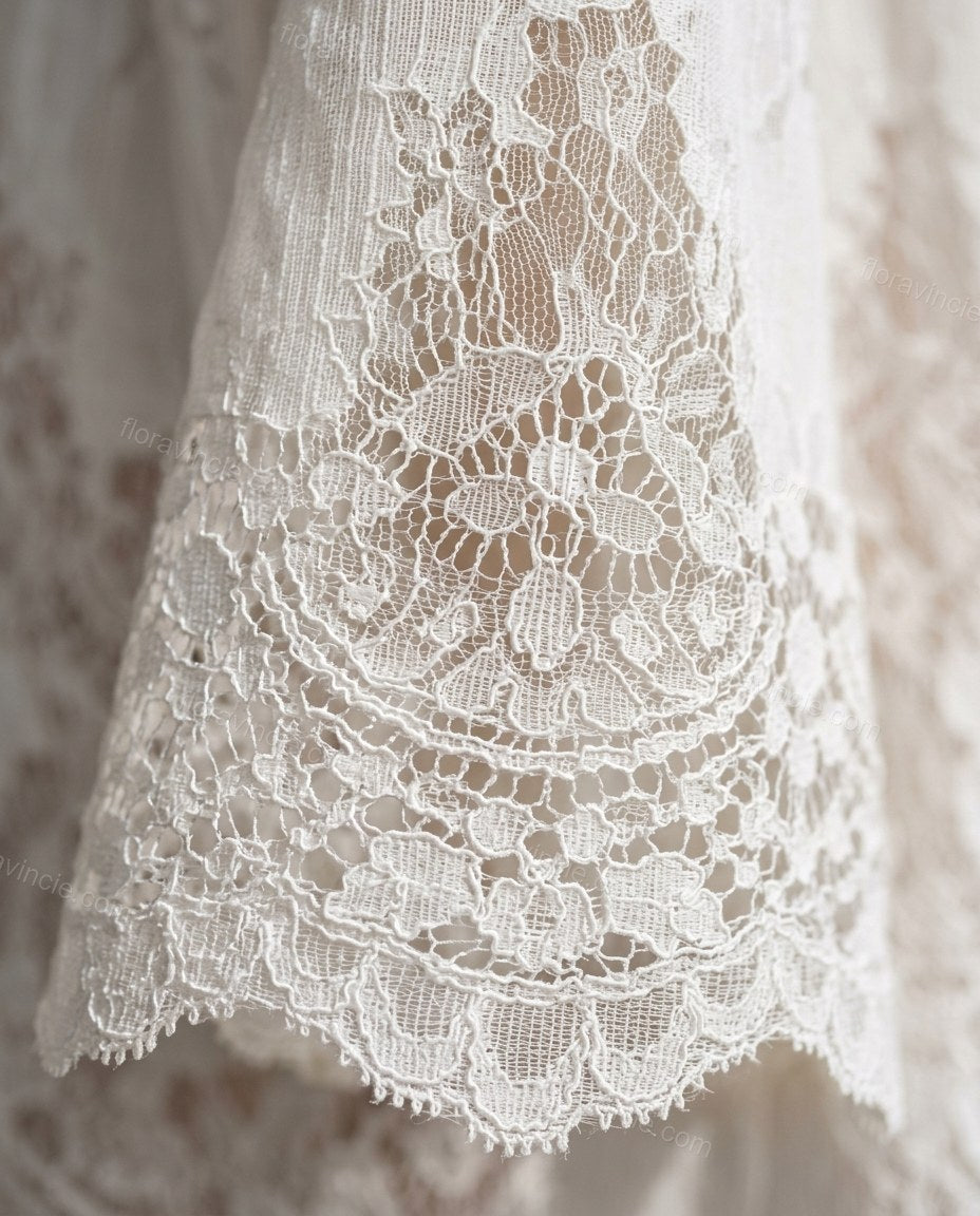 White Floral Mini Lace Dress, close-up of floral and scalloped hem, by Floravincie