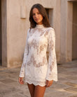 White Floral Mini Lace Dress, three-quarter brand lifestyle view, by Floravincie