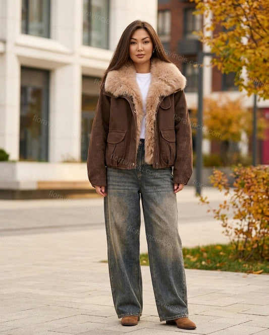 Brown Faux-Fur Jacket, full-length hero view, by Floravincie