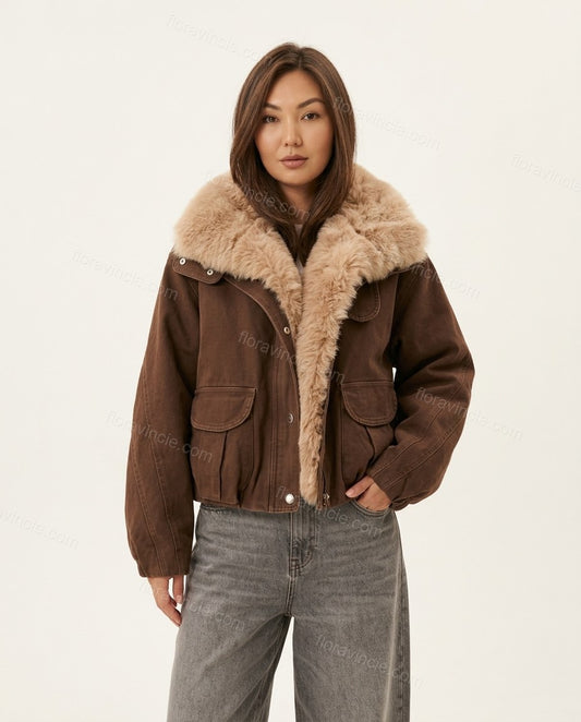 Brown Faux-Fur Jacket, front studio view, by Floravincie