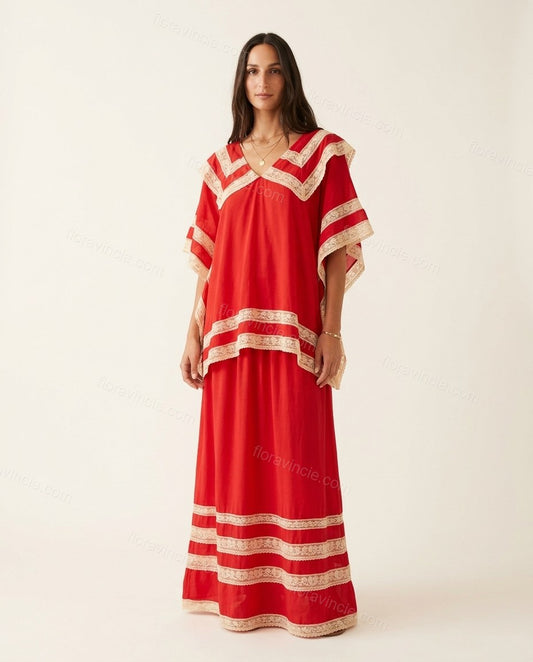 Red Striped Maxi Tiered Dress, front studio view, by Floravincie
