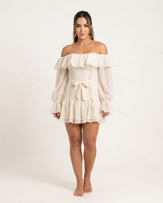Off-white Mini Off-Shoulder Ruffled Dress, front studio view, by Floravincie