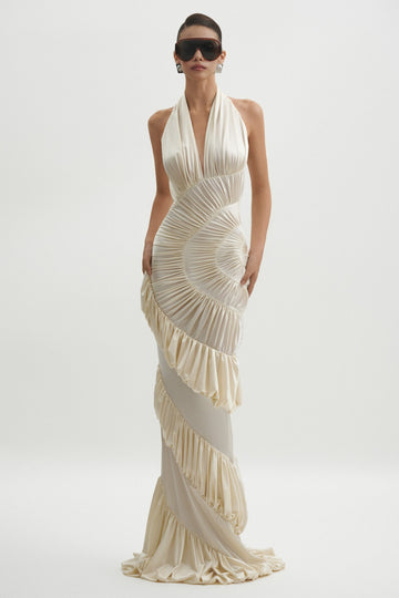Cream Halter Neck Shirred Maxi Dress