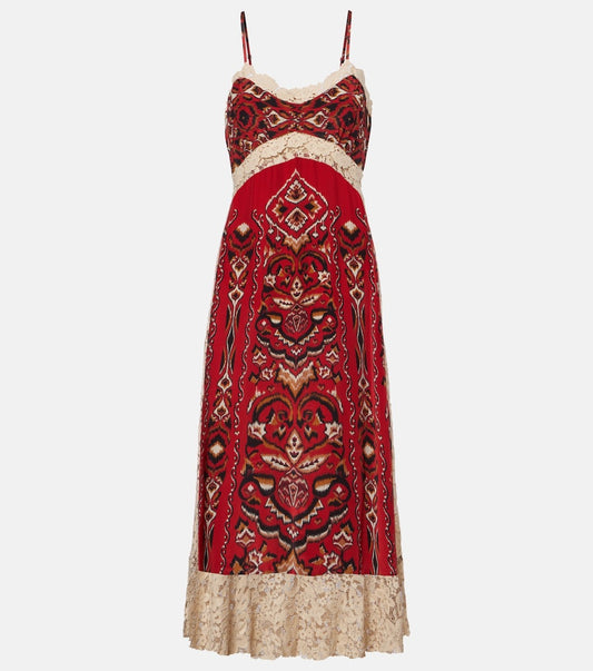 Pineapple ikat lace-trimmed midi dress