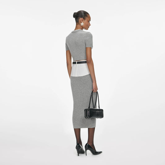 Gray Knitted Denim Patchwork Midi Skirt Set