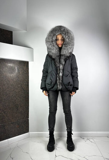 Silver fox fur hooded down jacket
